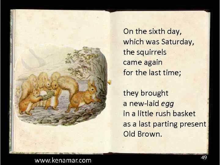 On the sixth day, which was Saturday, the squirrels came again for the last