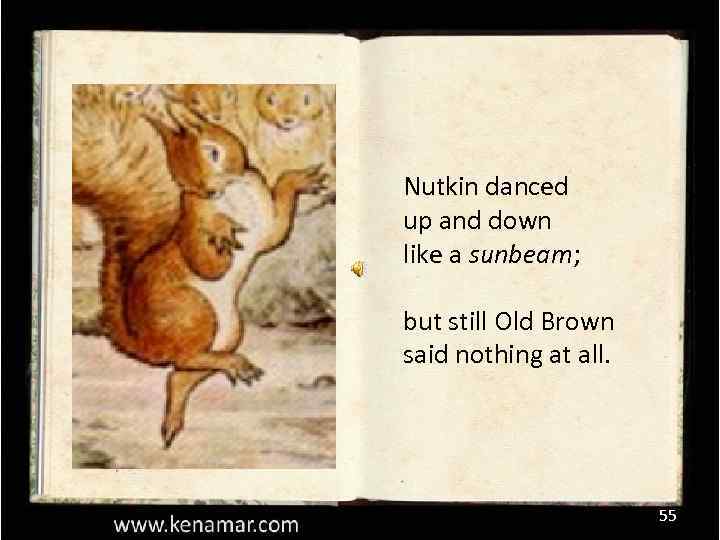 Nutkin danced up and down like a sunbeam; but still Old Brown said nothing