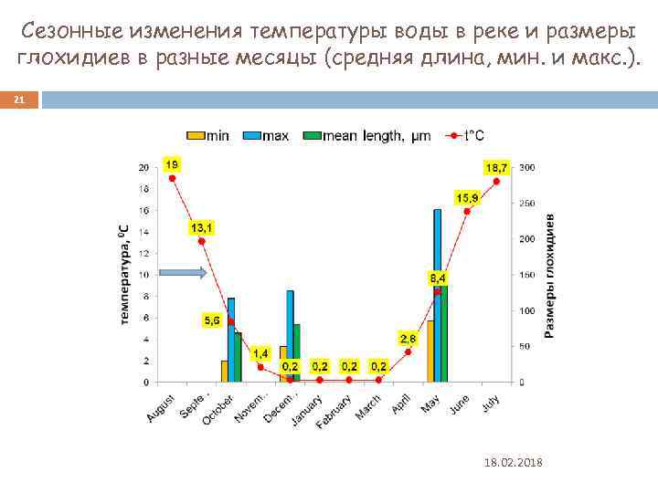 Сезонные изменения температуры воды в реке и размеры глохидиев в разные месяцы (средняя длина,