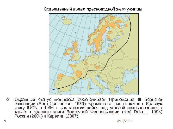 Современный ареал пресноводной жемчужницы v 5 Охранный статус моллюска обеспечивает Приложение III Бернской конвенции