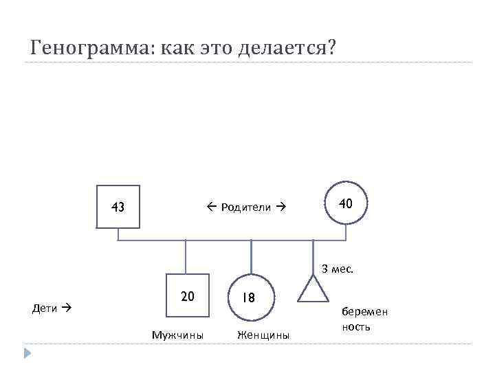 Генограмма: как это делается? 43 Родители 40 3 мес. Дети 20 Мужчины 188 Женщины