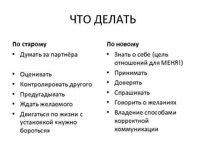 ЧТО ДЕЛАТЬ По старому По новому • Думать за партнёра • Знать о себе