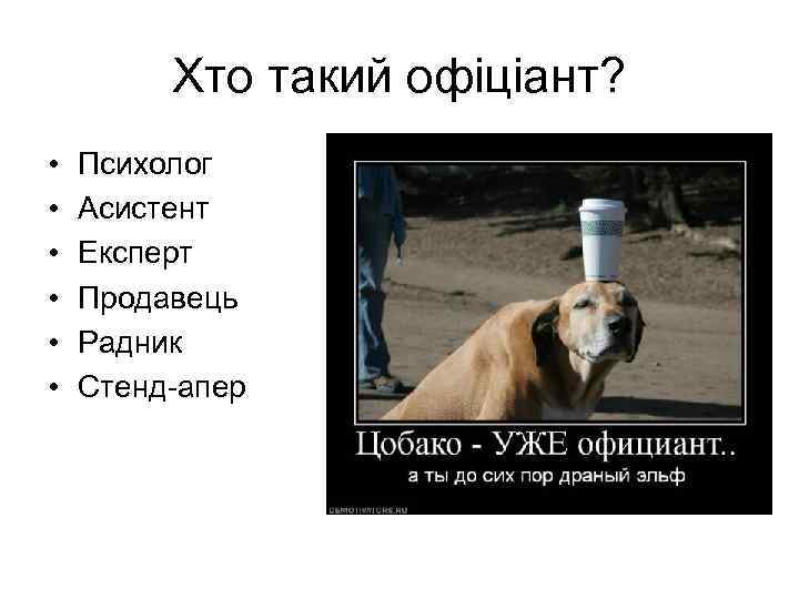 Хто такий офіціант? • • • Психолог Асистент Експерт Продавець Радник Стенд-апер 