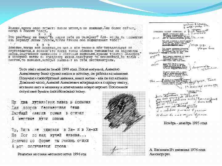 Этот текст написан зимой 1999 года. После инсульта, Алексею Алексеевичу было трудно писать и