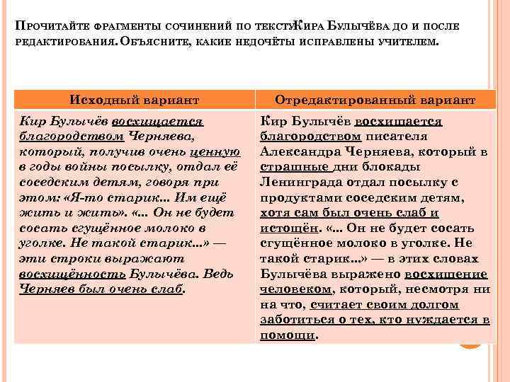 ПРОЧИТАЙТЕ ФРАГМЕНТЫ СОЧИНЕНИЙ ПО ТЕКСТУКИРА БУЛЫЧЁВА ДО И ПОСЛЕ РЕДАКТИРОВАНИЯ. ОБЪЯСНИТЕ, КАКИЕ НЕДОЧЁТЫ ИСПРАВЛЕНЫ