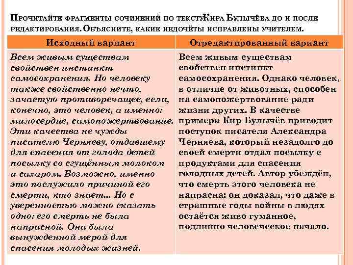 ПРОЧИТАЙТЕ ФРАГМЕНТЫ СОЧИНЕНИЙ ПО ТЕКСТУКИРА БУЛЫЧЁВА ДО И ПОСЛЕ РЕДАКТИРОВАНИЯ. ОБЪЯСНИТЕ, КАКИЕ НЕДОЧЁТЫ ИСПРАВЛЕНЫ