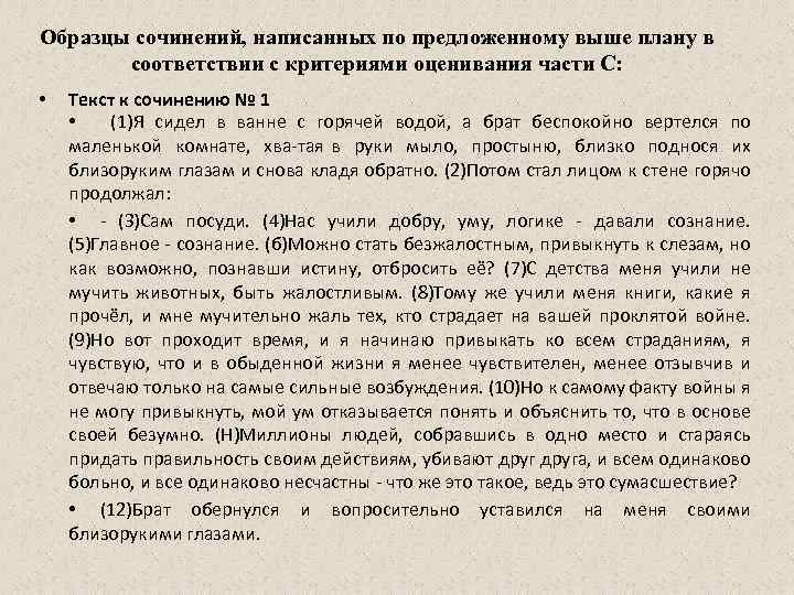 Образцы сочинений, написанных по предложенному выше плану в соответствии с критериями оценивания части С: