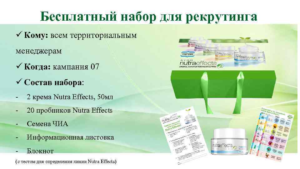 Бесплатный набор для рекрутинга ü Кому: всем территориальным менеджерам ü Когда: кампания 07 ü