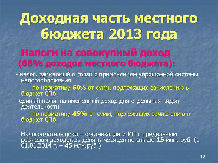 Доходная часть местного бюджета 2013 года Налоги на совокупный доход (66% доходов местного бюджета):