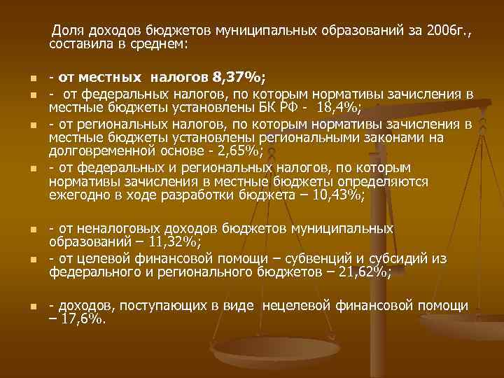 Доля доходов бюджетов муниципальных образований за 2006 г. , составила в среднем: n n