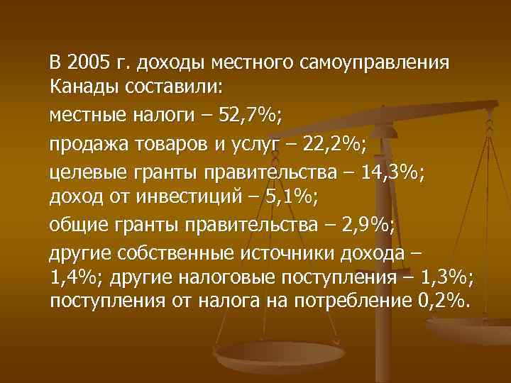 В 2005 г. доходы местного самоуправления Канады составили: местные налоги – 52, 7%; продажа