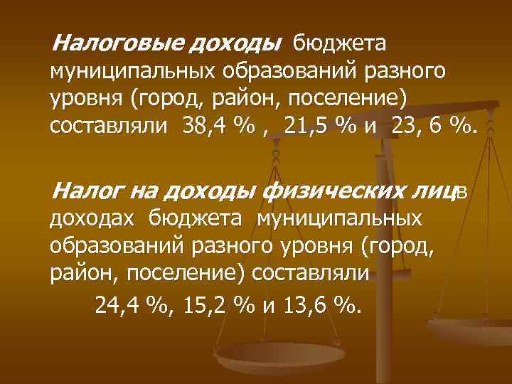 Налоговые доходы бюджета муниципальных образований разного уровня (город, район, поселение) составляли 38, 4 %