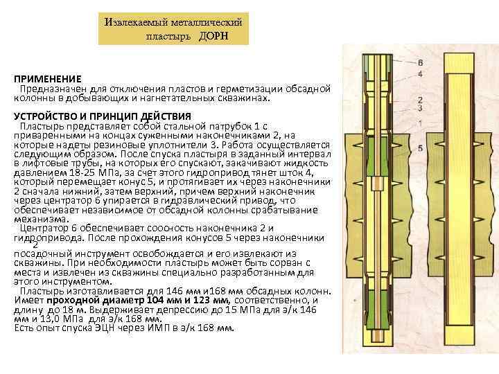 Извлекаемый металлический пластырь ДОРН ПРИМЕНЕНИЕ Предназначен для отключения пластов и герметизации обсадной колонны в