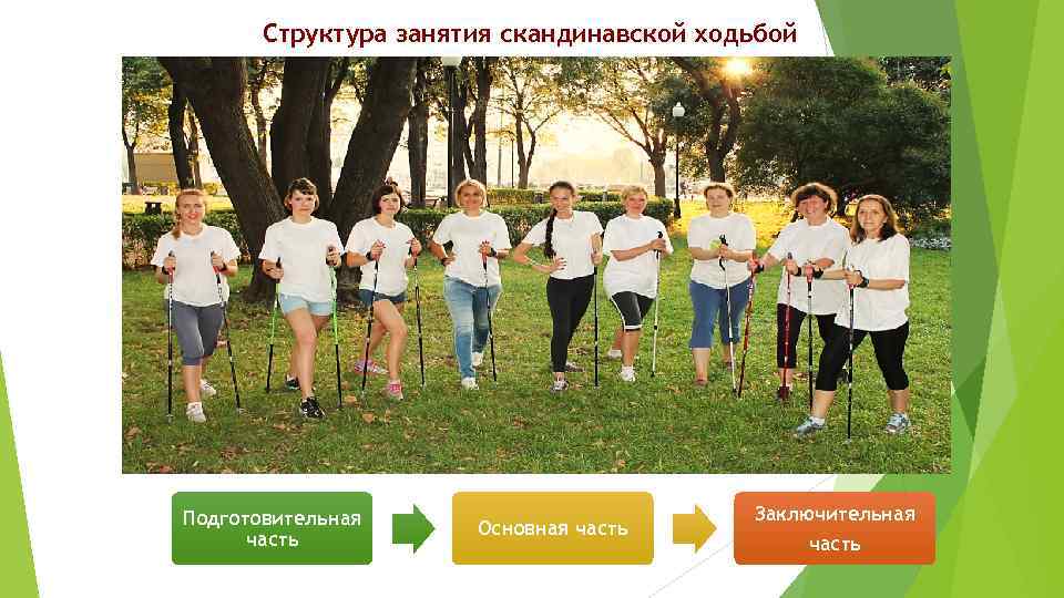 Структура занятия скандинавской ходьбой Подготовительная часть Основная часть Заключительная часть 