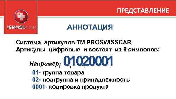 ПРЕДСТАВЛЕНИЕ АННОТАЦИЯ Система артикулов ТМ PROSWISSCAR Артикулы цифровые и состоят из 8 символов: 01020001