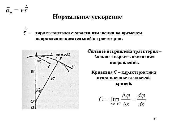 Нормальное ускорение - характеристика скорости изменения во временем направления касательной к траектории. Сильнее искривлена