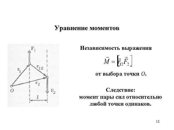 Уравнение моментов Независимость выражения от выбора точки О. Следствие: момент пары сил относительно любой