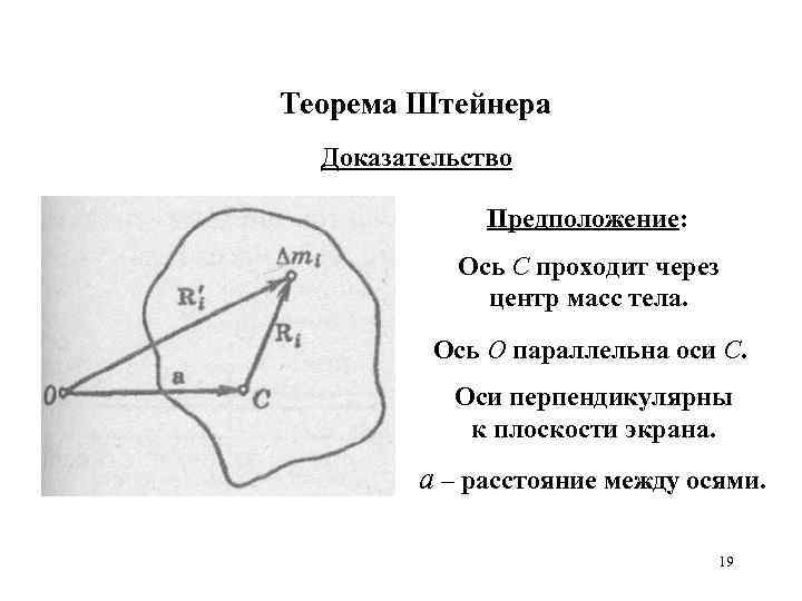 Теорема Штейнера Доказательство Предположение: Ось С проходит через центр масс тела. Ось О параллельна