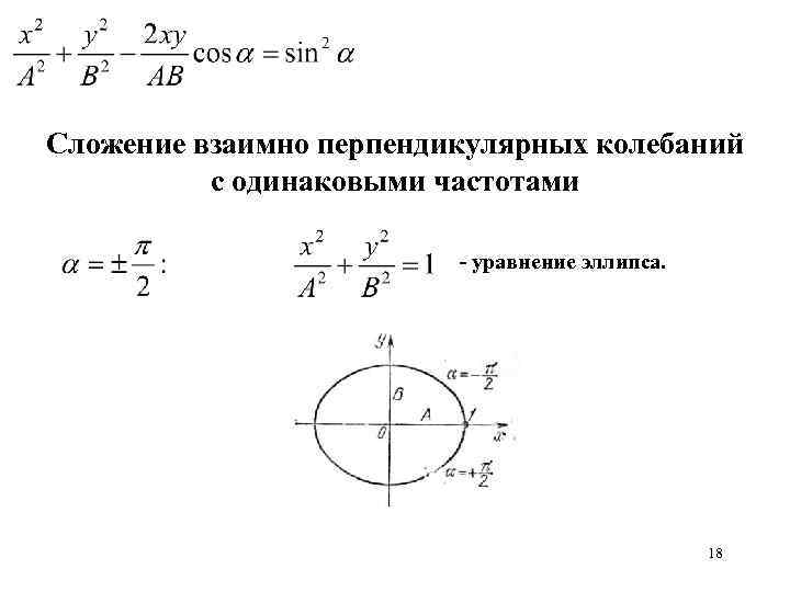Сложение взаимно перпендикулярных колебаний с одинаковыми частотами - уравнение эллипса. 18 