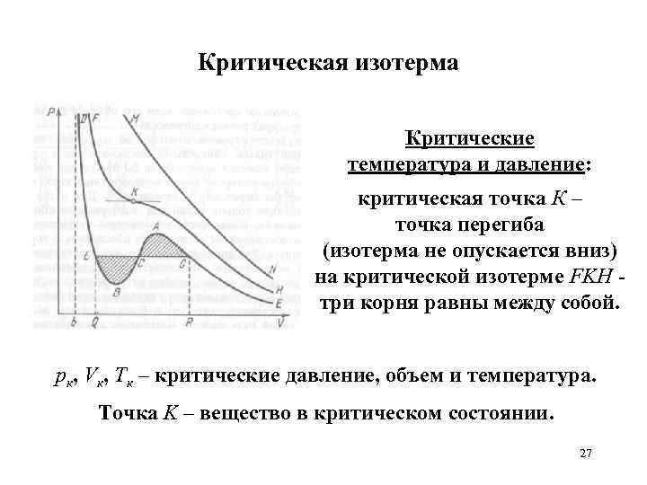 Критическая изотерма Критические температура и давление: критическая точка К – точка перегиба (изотерма не