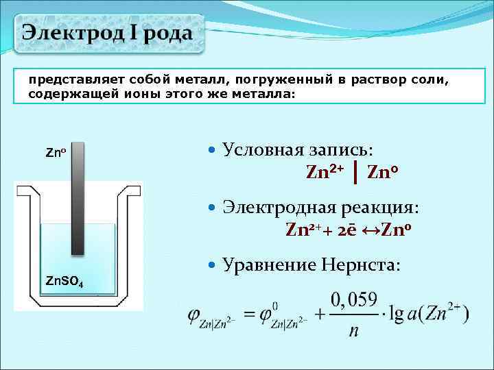 представляет собой металл, погруженный в раствор соли, содержащей ионы этого же металла: Zno Условная