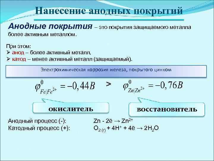 Нанесение анодных покрытий Анодные покрытия – это покрытия защищаемого металла более активным металлом. При