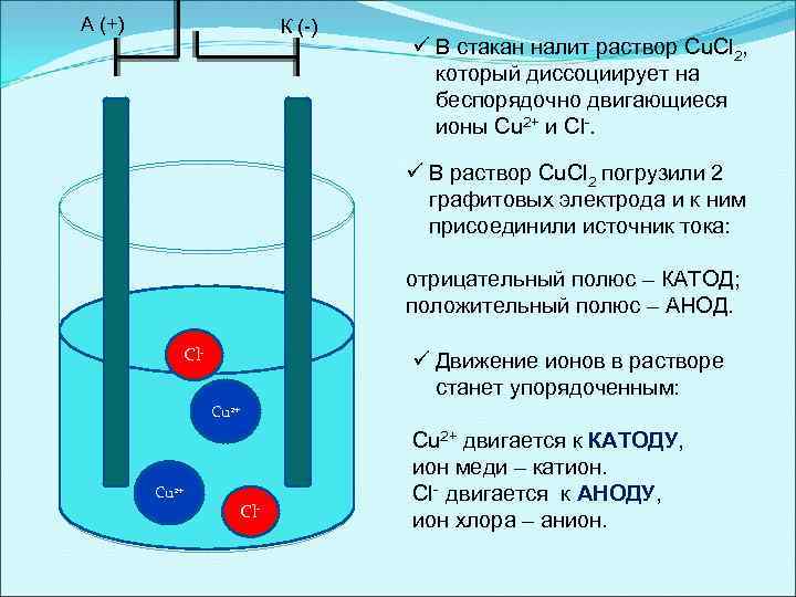 А (+) К (-) ü В стакан налит раствор Cu. Cl 2, который диссоциирует
