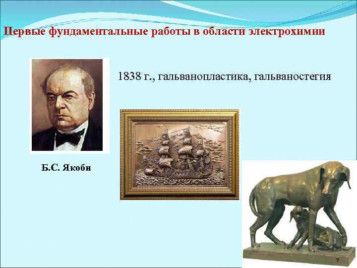 Первые фундаментальные работы в области электрохимии 1838 г. , гальванопластика, гальваностегия Б. С. Якоби