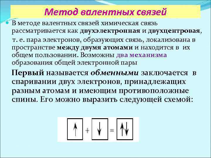 Метод валентных связей В методе валентных связей химическая связь рассматривается как двухэлектронная и двухцентровая,