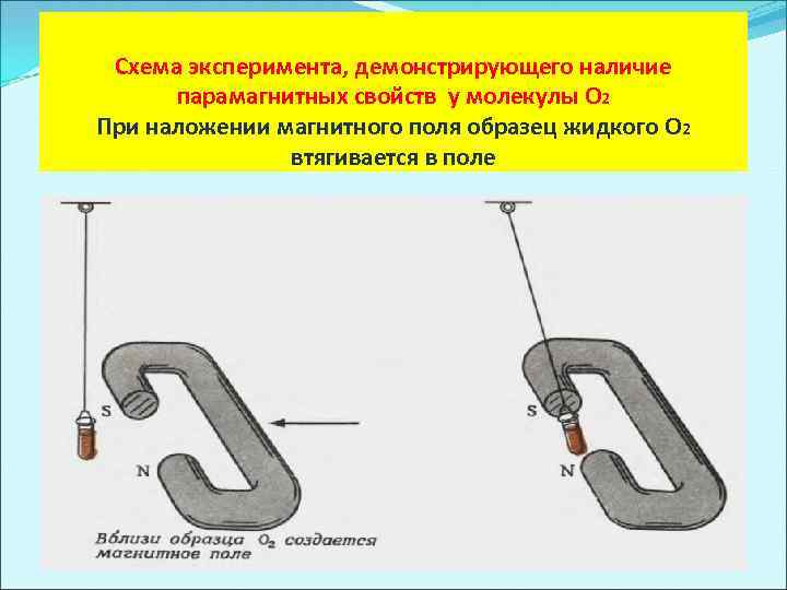 Схема эксперимента, демонстрирующего наличие парамагнитных свойств у молекулы O 2 При наложении магнитного поля