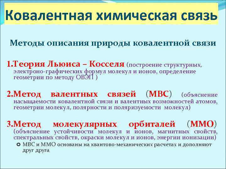 Ковалентная химическая связь Методы описания природы ковалентной связи 1. Теория Льюиса – Косселя (построение