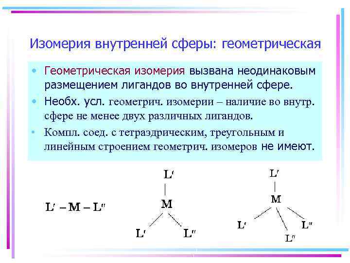 Изомерия внутренней сферы: геометрическая • Геометрическая изомерия вызвана неодинаковым размещением лигандов во внутренней сфере.