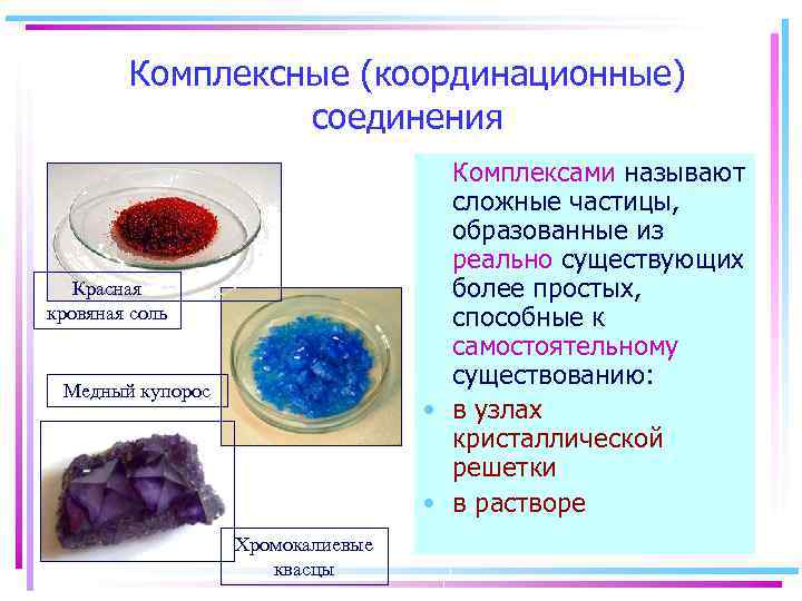 Комплексные (координационные) соединения Комплексами называют сложные частицы, образованные из реально существующих более простых, способные