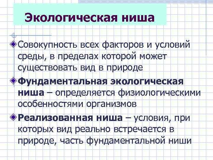 Экологическая ниша Совокупность всех факторов и условий среды, в пределах которой может существовать вид