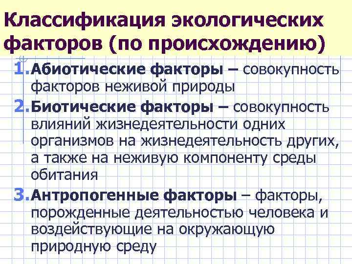 Классификация экологических факторов (по происхождению) 1. Абиотические факторы – совокупность факторов неживой природы 2.