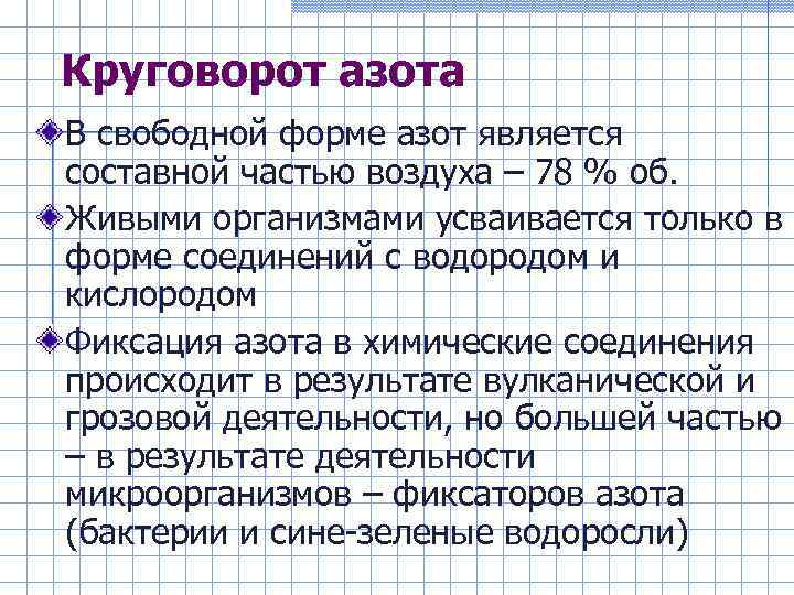 Круговорот азота В свободной форме азот является составной частью воздуха – 78 % об.