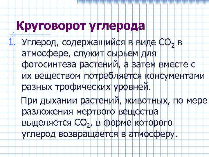 Круговорот углерода 1. Углерод, содержащийся в виде СО 2 в атмосфере, служит сырьем для