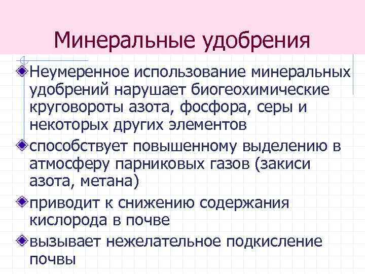 Минеральные удобрения Неумеренное использование минеральных удобрений нарушает биогеохимические круговороты азота, фосфора, серы и некоторых