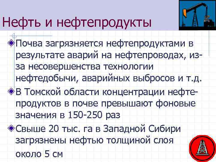 Нефть и нефтепродукты Почва загрязняется нефтепродуктами в результате аварий на нефтепроводах, изза несовершенства технологии