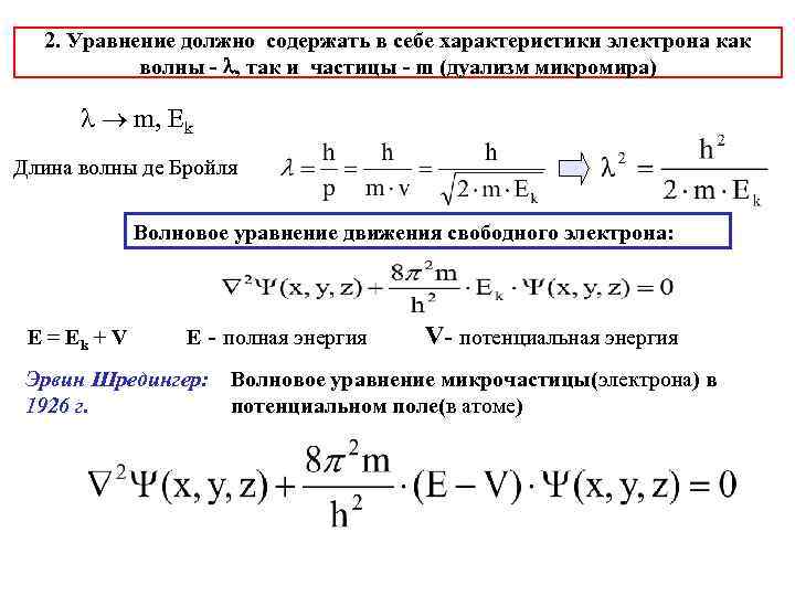 2. Уравнение должно содержать в себе характеристики электрона как волны - , так и