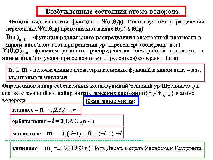 Возбужденные состояния атома водорода Общий вид волновой функции - (r, , ). Используя метод