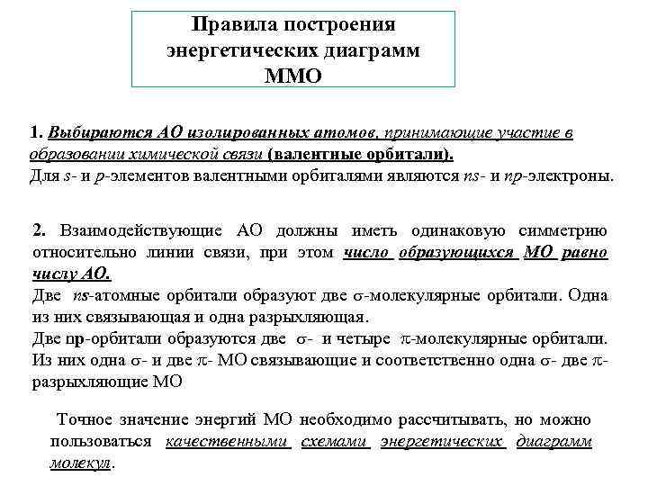 Правила построения энергетических диаграмм ММО 1. Выбираются АО изолированных атомов, принимающие участие в образовании