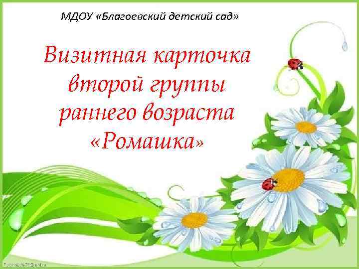 МДОУ «Благоевский детский сад» Визитная карточка второй группы раннего возраста «Ромашка» 