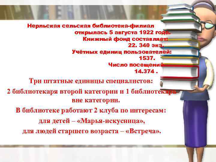 Нерльская сельская библиотека-филиал открылась 5 августа 1922 года. Книжный фонд составляет: 22. 340 экз.