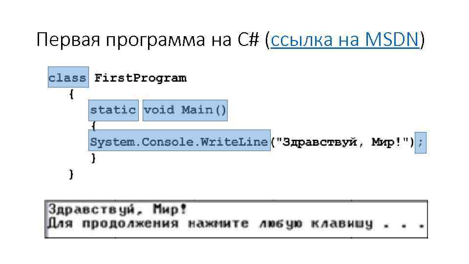 Первая программа на C# (ссылка на MSDN) 