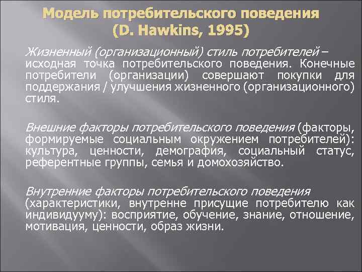 Модель потребительского поведения (D. Hawkins, 1995) Жизненный (организационный) стиль потребителей – исходная точка потребительского