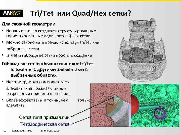 Tri/Tet или Quad/Hex сетки? Для сложной геометрии • Нерационально создавать структурированные • • (ориентированные