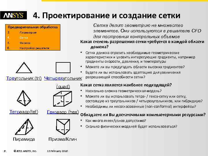4. Проектирование и создание сетки Предварительная обработка 3. Геометрия 4. Сетка 5. Физика 6.