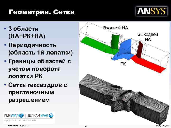 Геометрия. Сетка • 3 области (НА+РК+НА) • Периодичность (область 1 й лопатки) • Границы