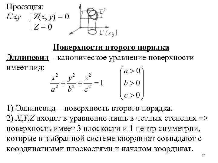 Проекция: L xy Z(x, y) = 0 Z=0 Поверхности второго порядка Эллипсоид – каноническое